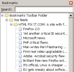 A typical Sidebar showing Live Bookmarks for our site htmlfixit.com